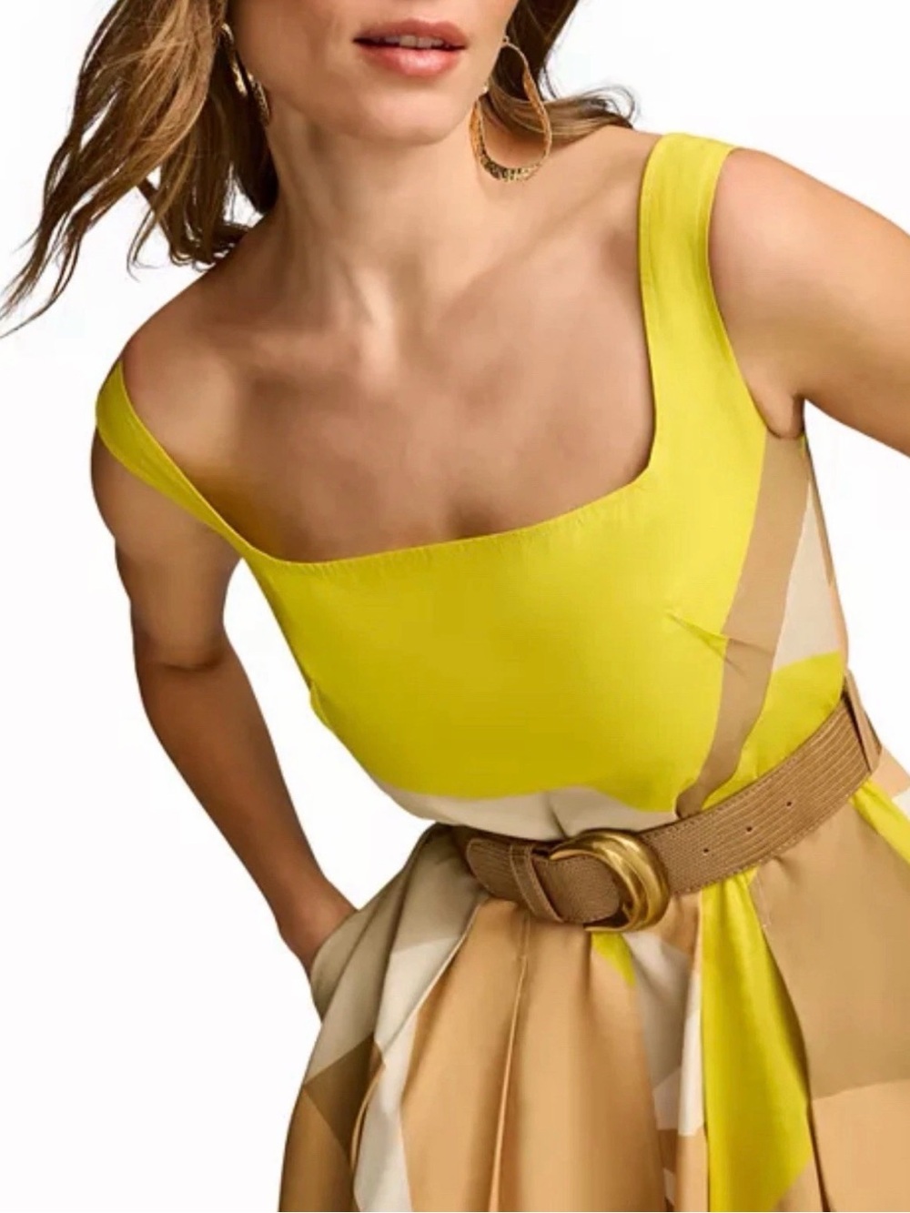 Donna Karan Yellow and Tan Geometric Maxi Dress with Belt - Picture 3 of 8
